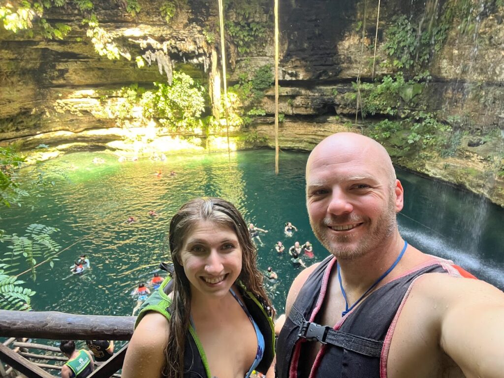 Inside of the Cenote getting ready to swim with our lifejackets