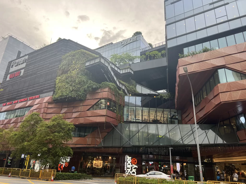 The outside entrance of the Funan Shopping Center in Singapore