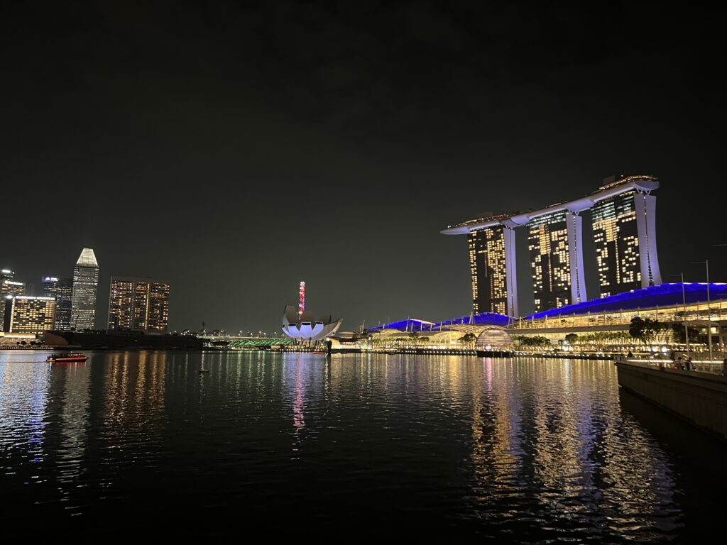 Lake view of the Light Show that happens in front of the Marina Bay Sands Mall/hotel in Singapore