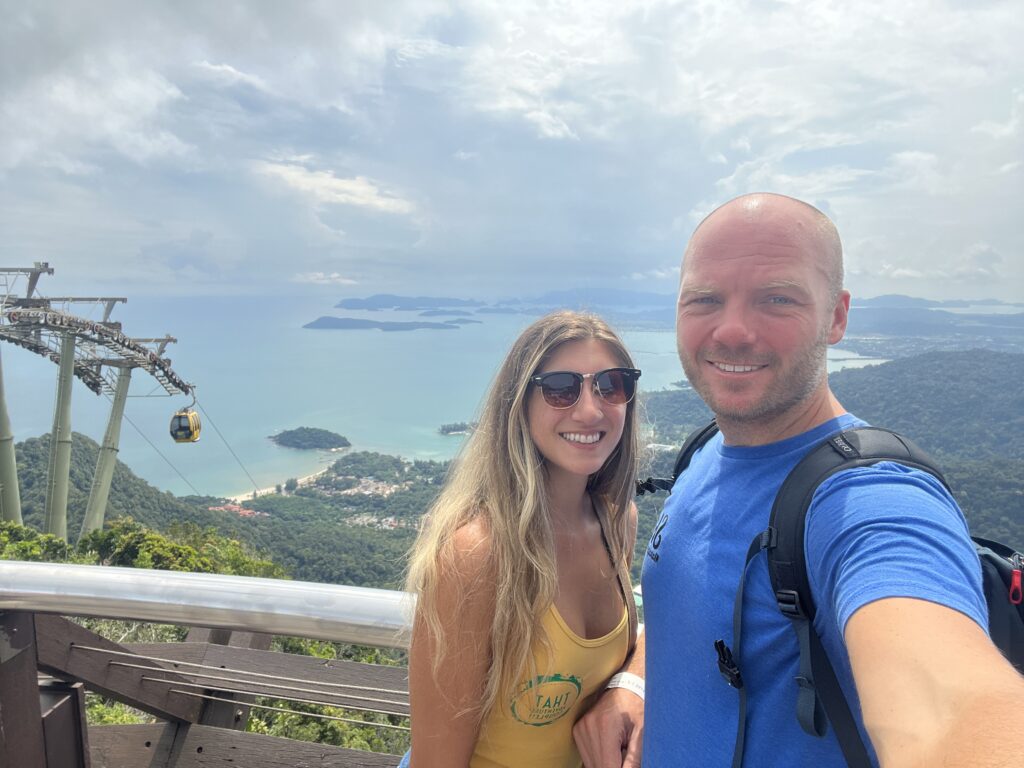View of the cable car and ocean at the Skybridge. 